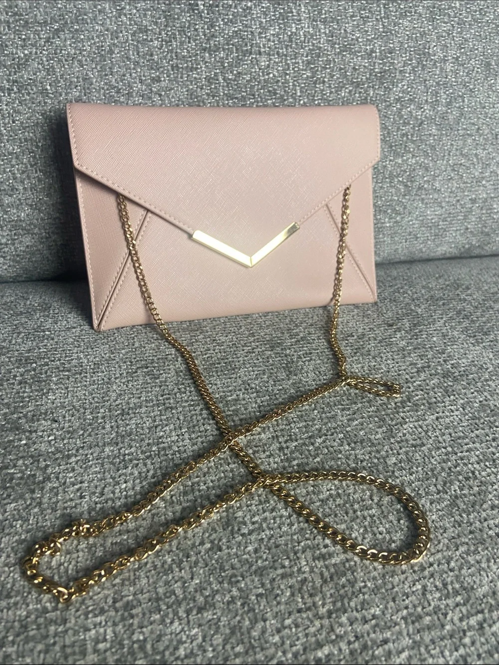 Blush Envelope Wristlet with Gold V-Detail and Chain